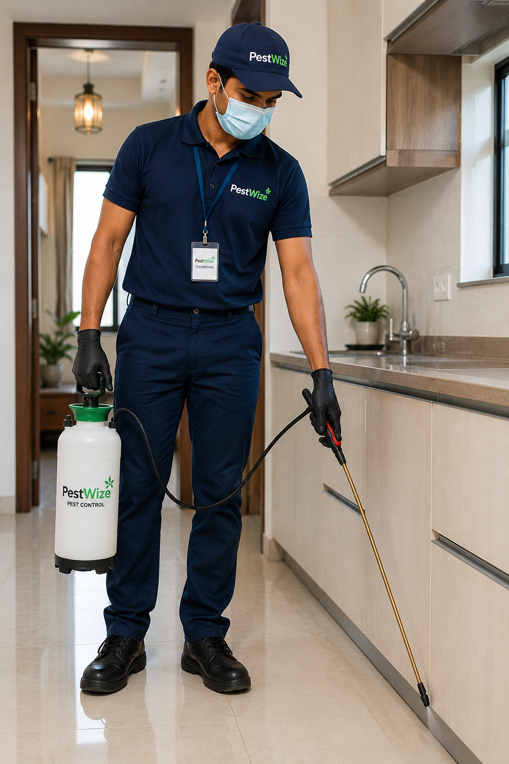 Professional PestWize technician providing pest control treatment in a kitchen area